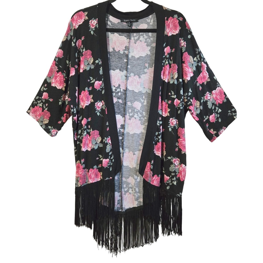 Whimsygoth Boho Sweet Rain‎ Floral Fringe Kimono Black Pink Rose Open Front Sz M